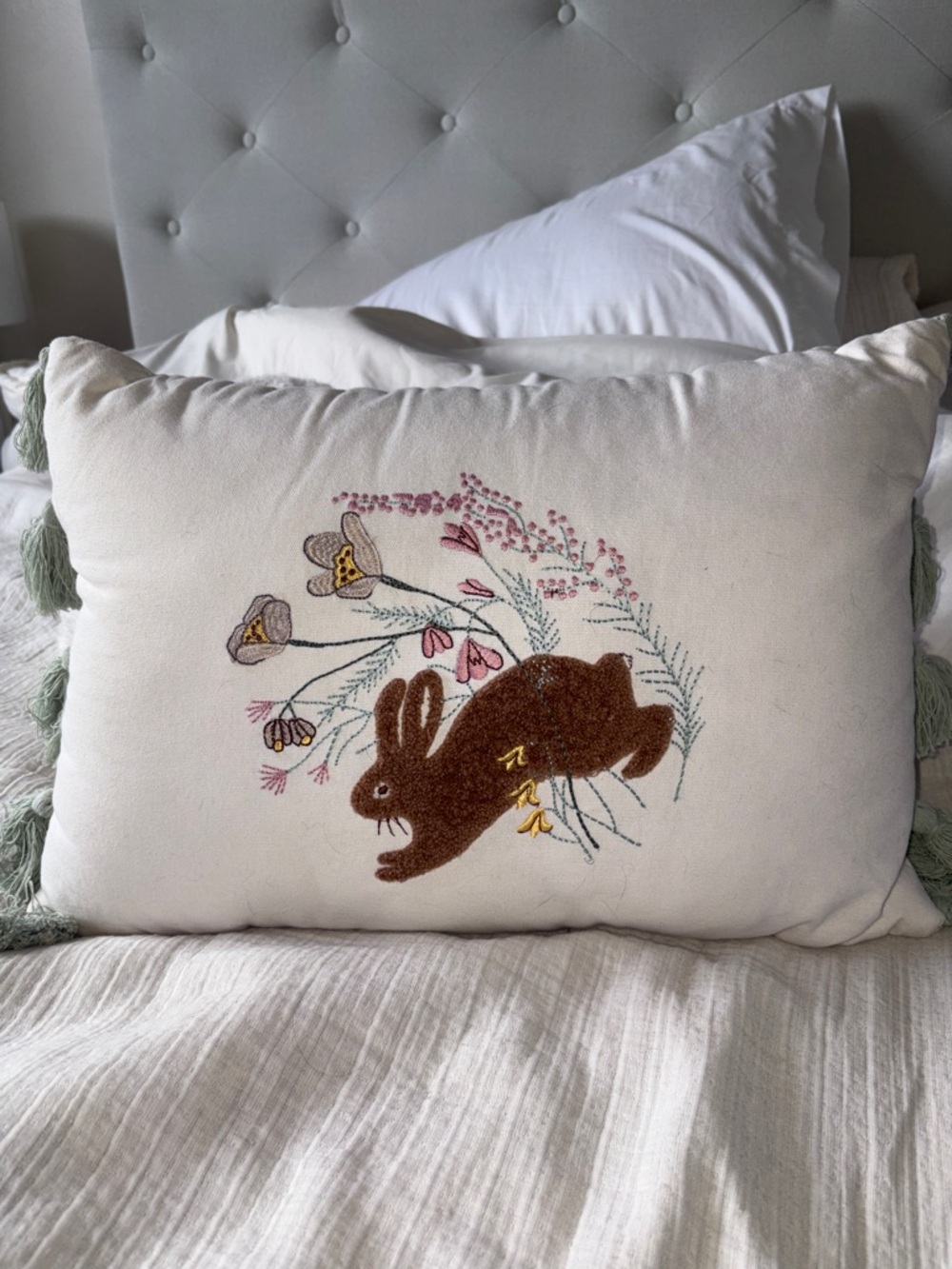 Embroidered Bunny Floral Throw Pillow - Cream